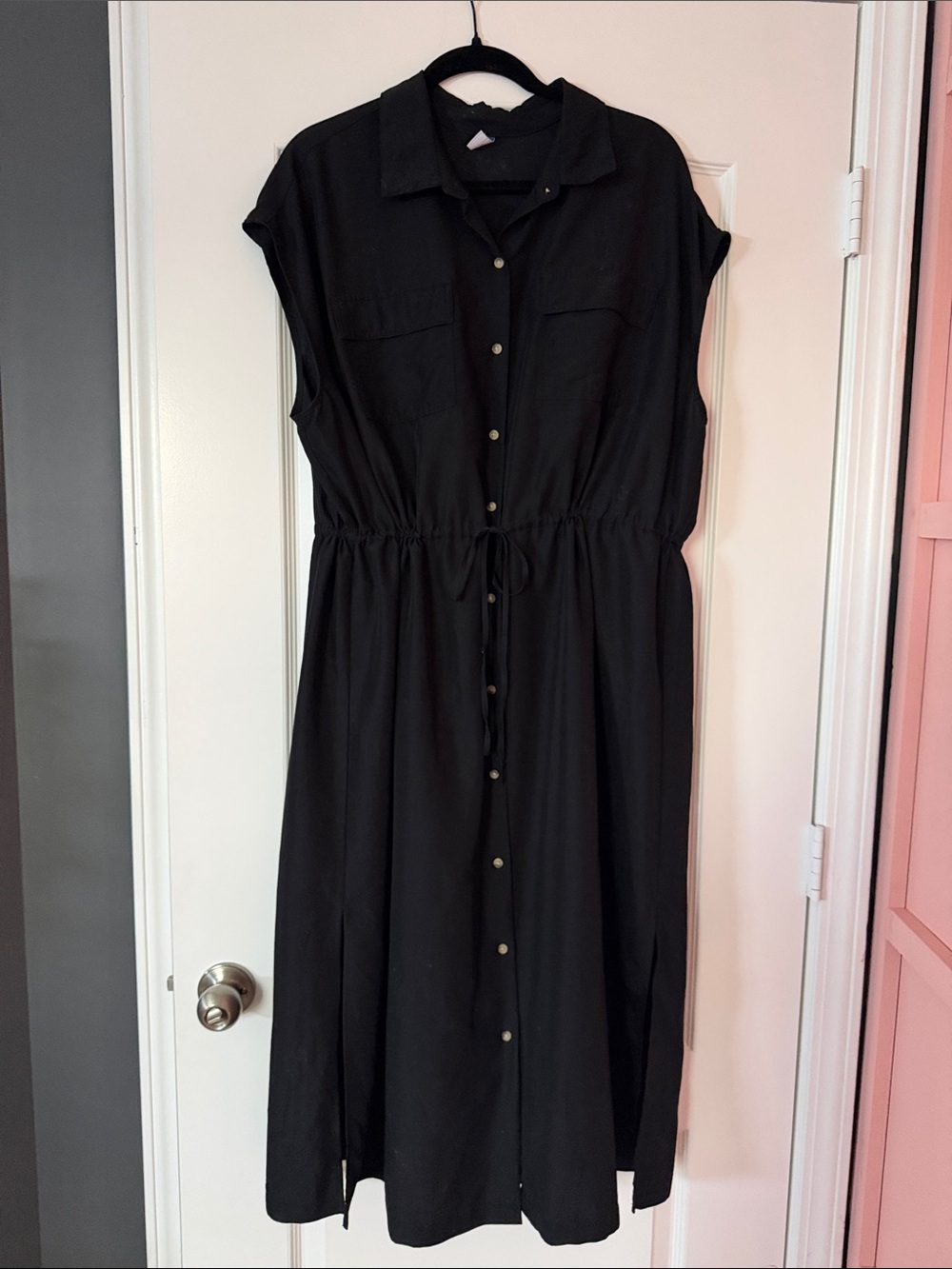 Old Navy Black Midi Shirt Dress with Drawstring Waist